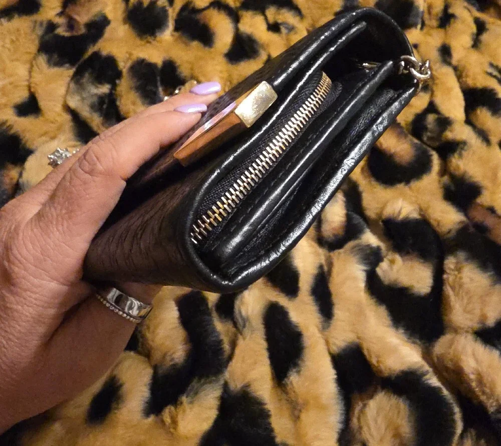 Gucci Black Embossed Leather Chain Wallet with Gold Plaque
